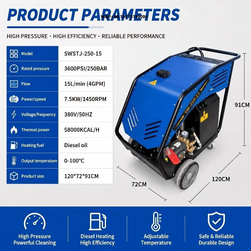 Portable Electric Heated High Pressure Washer 250bar 3625psi Hot Water Cleaning New 7.5KW for Home Use