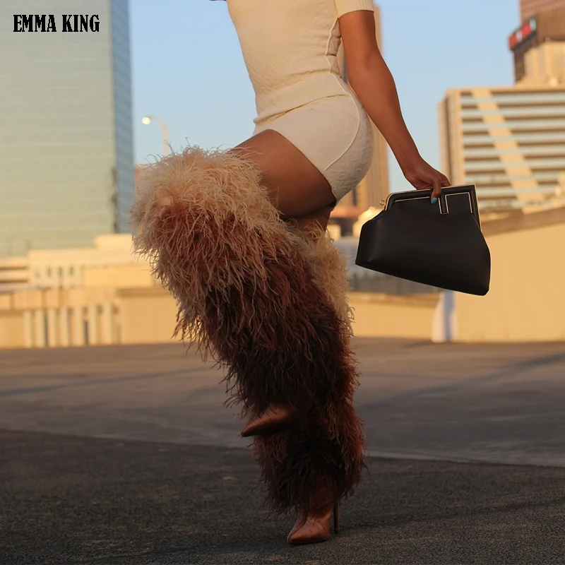 2025 Feather Fur Tassel Thigh Boots High Heels Boots Sexy Over The Knee Boots Shoes Woman Bird Fur Coved Runway Boots 44