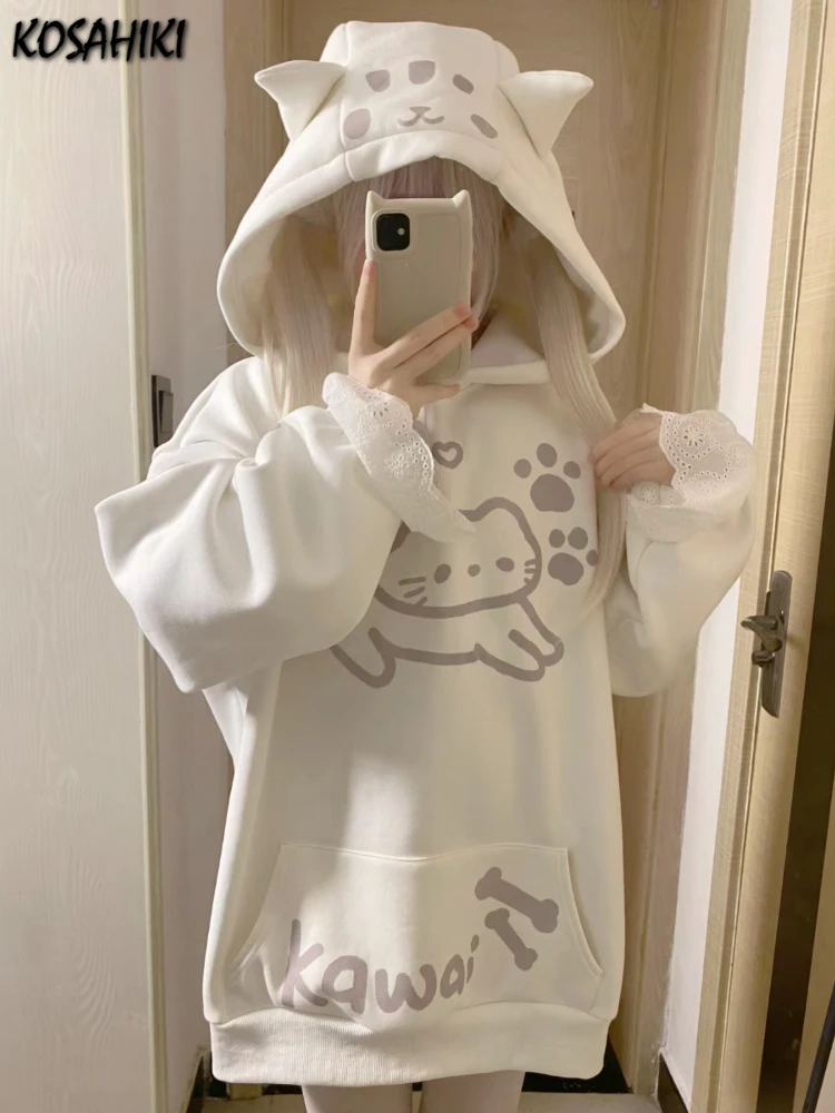 

Japanese Cartoon Print Cat's Ears Hoodie Women Gothic Casual Loose Pocket Hoody Y2k Aesthetic Sweatshirt Oversized Streetwear