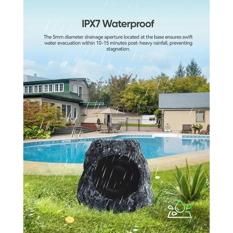 Outdoor Rock Solar Powered Blue tooth Speakers 30W Deep Bass IPX7 Waterproof Wireless Connectivity Weatherproof Design Pool Deck