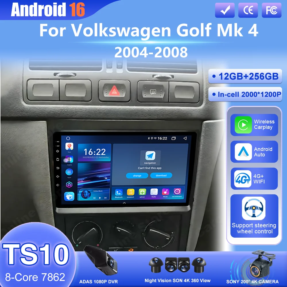 

Android 16 Car For Volkswagen Golf Mk 4 2004-2008 Auto Radio Carplay Multimedia Player GPS Navigation Video Stereo No 2din DVD