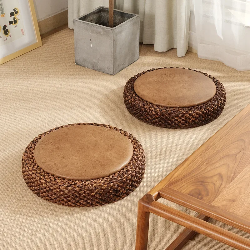 Rattan Woven Meditation Cushion for Floor Sitting Round Pillow Bay Window Side Seat for Tatami Handmade Straw Pouf for Yoga