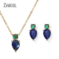 ZAKOL Fashion Mutilcolor Water Drop Jewelry Set for Women Exquisite Cubic Zirconia Party Earrings Pendant Necklace Set