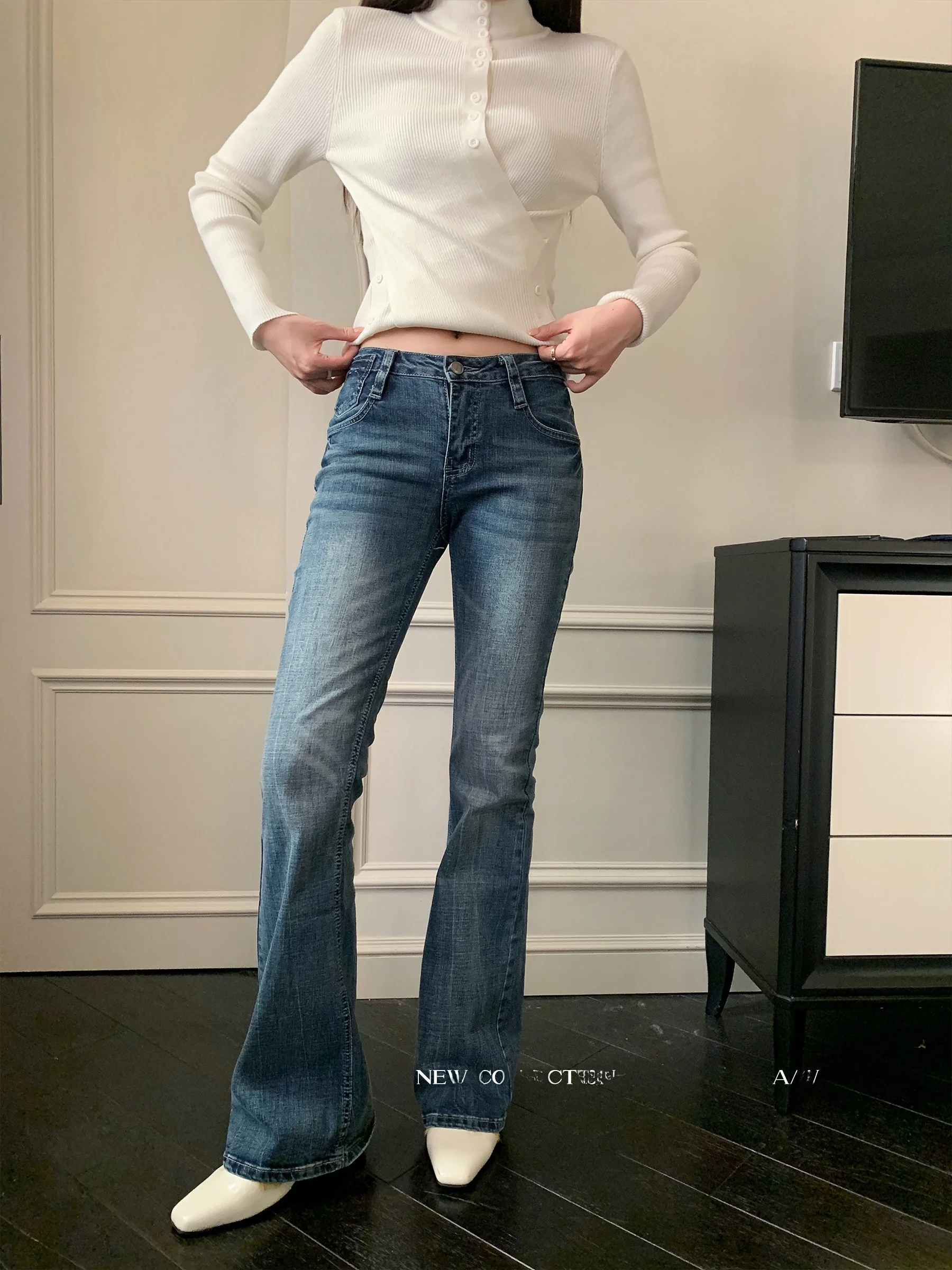 

Джинсы Sam Seoi в стиле ретро, расклешенные, с высокой талией, женские, облегающие, синие, осенне-зимняя новинка