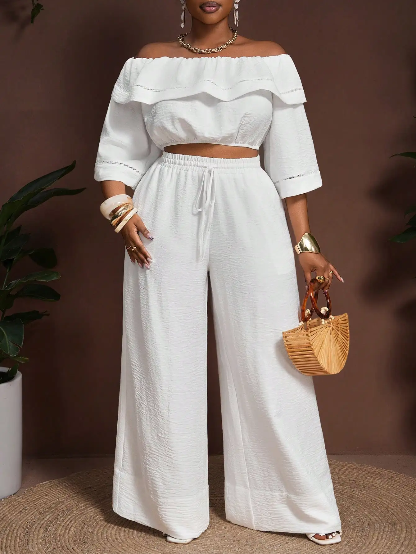 

Off-Shoulder Ruffled Cropped Top And High Waist Wide Leg Pants Set
