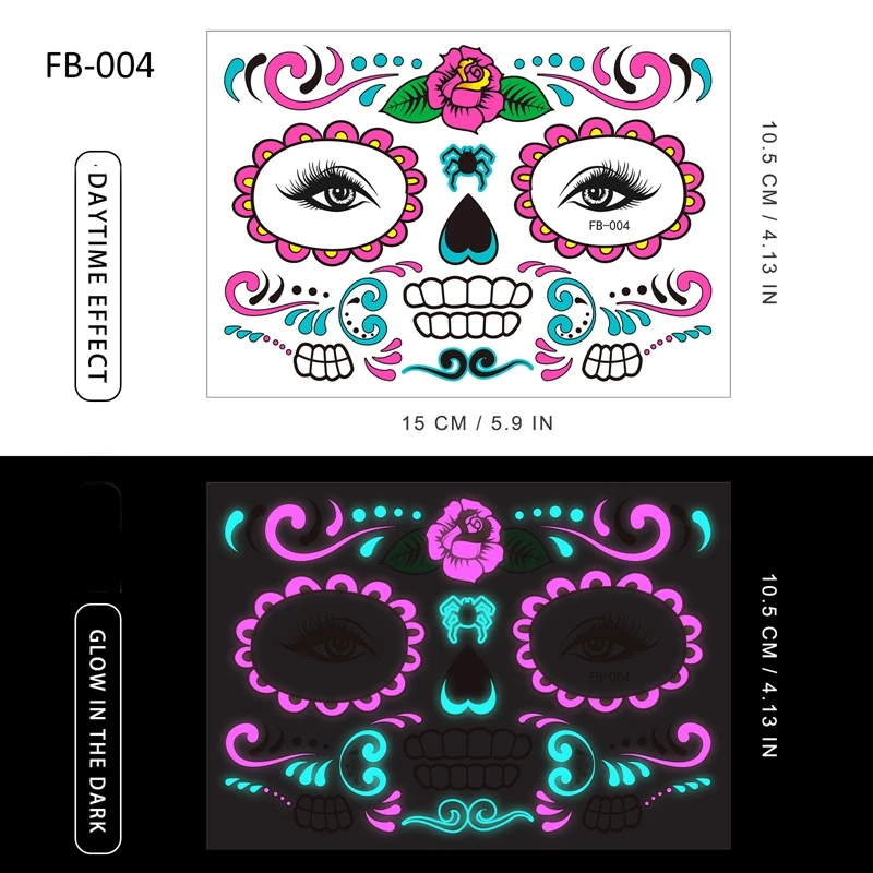 Day of the Dead Halloween  Tattoo Sticker Temporary Skin for Night Bar Party Festival Makeup Tattoo Glow in  Dark Body Sticker