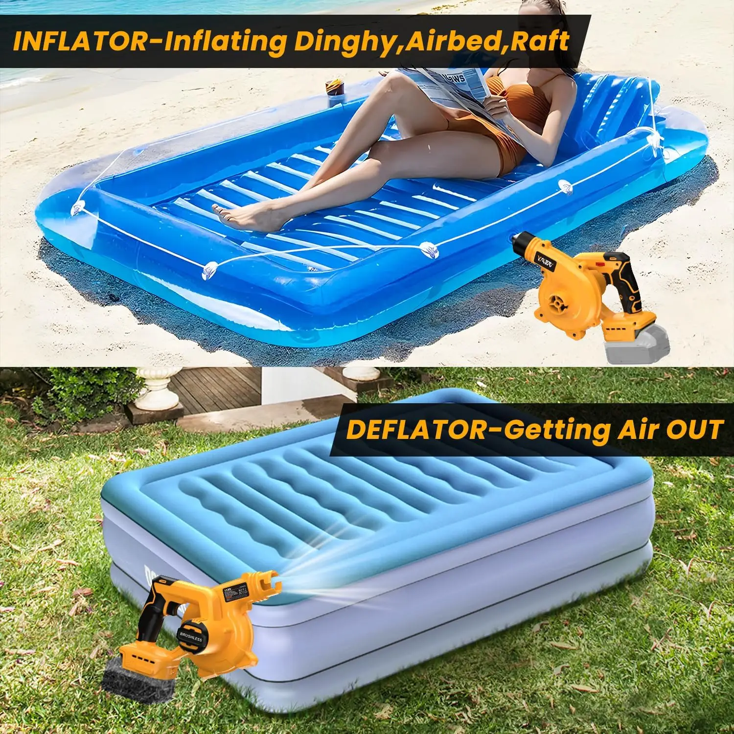 منفاخ أوراق شجر لاسلكي مع محرك بدون فرش، 6 سرعات تصل إلى 180 ميجا في الساعة، منفاخ 2 في 1 ومكنسة كهربائية (البطارية غير متضمنة)