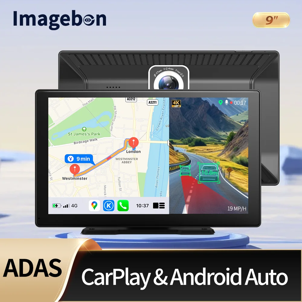 

Imagebon 9 Inch Wireless Carplay & Android Auto Dash Cam 2K Rearview Camera 24h Park Monitor GPS Navigation Dashboard Car DVR