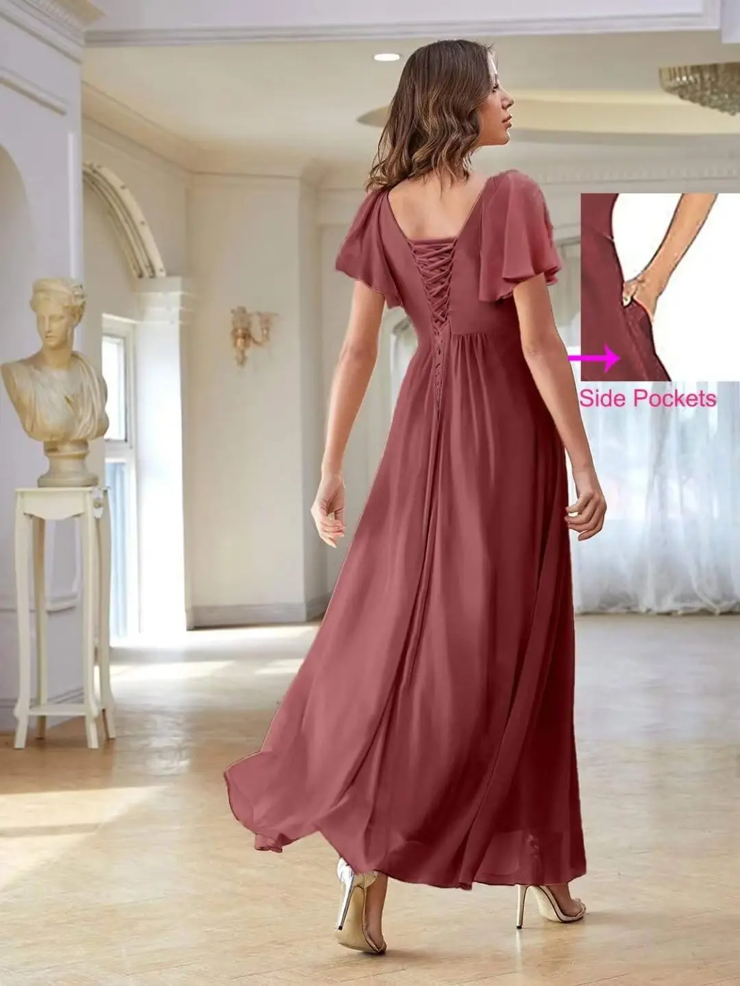 Women's V Neck Flutter Sleeve Bridesmaid Dresses for Wedding Chiffon Formal Evening Gowns Long with Slit Ball Party Gown