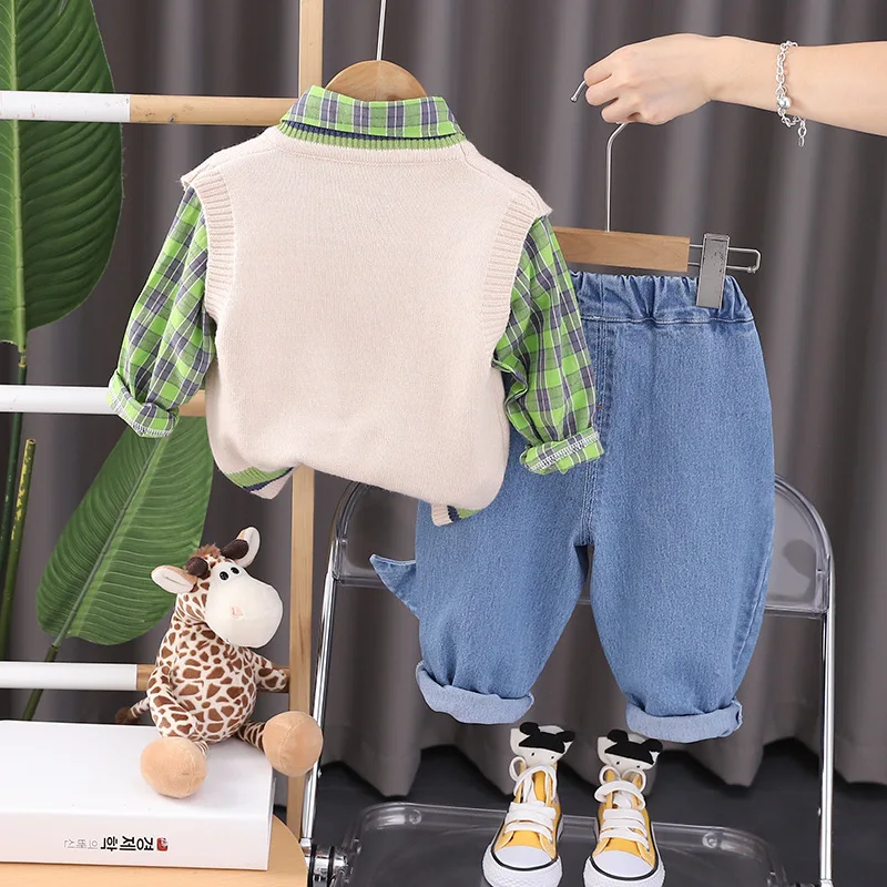 Baby Boy Boutique Clothes 2023 Spring Autumn Cartoon Dinosaur Knitted Sweater Vest + Plaid Shirts + Pants 3PCS Kids Boys Outfits