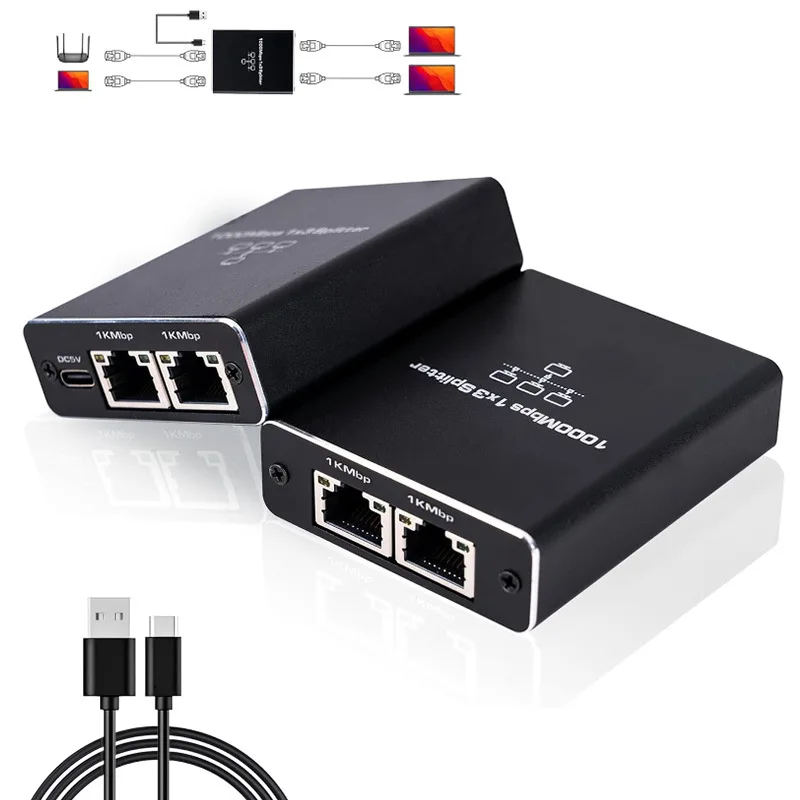 شبكة الفاصل 1000Mbps Hub 1 إلى 2 RJ45 محول جيجابت محول الإنترنت إيثرنت 8P8C فك التشفير موسع التوصيل تمديد #4