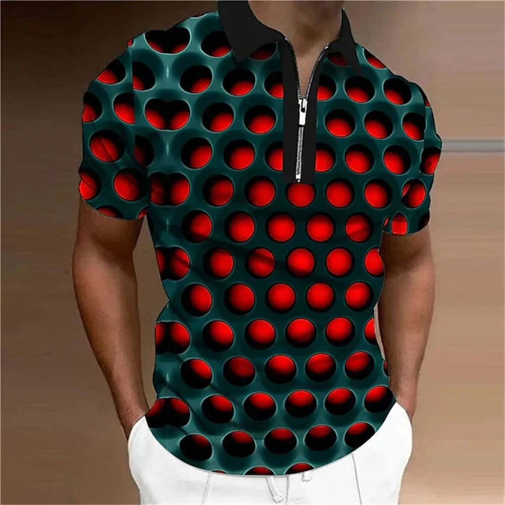 3D Visual Illusion Men's Printed T-shirt, Short Sleeved, Zipper Top, Designer Breathable Clothing, Summer, Hip-hop, Golf