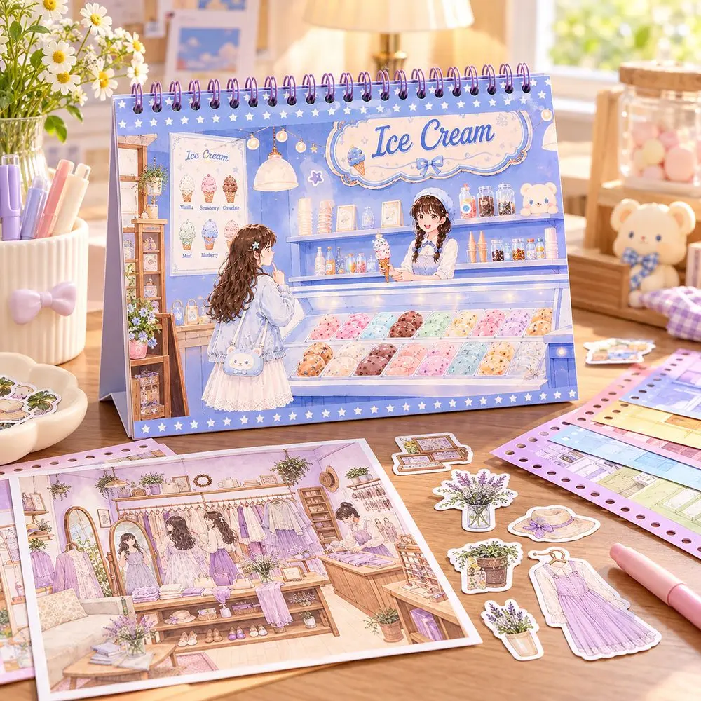 Gifts Cute Cartoon Girl Sticker Book PET Positioning Line Dress Up Stickers Scene Background Cards Scene Sticker Set for Girls