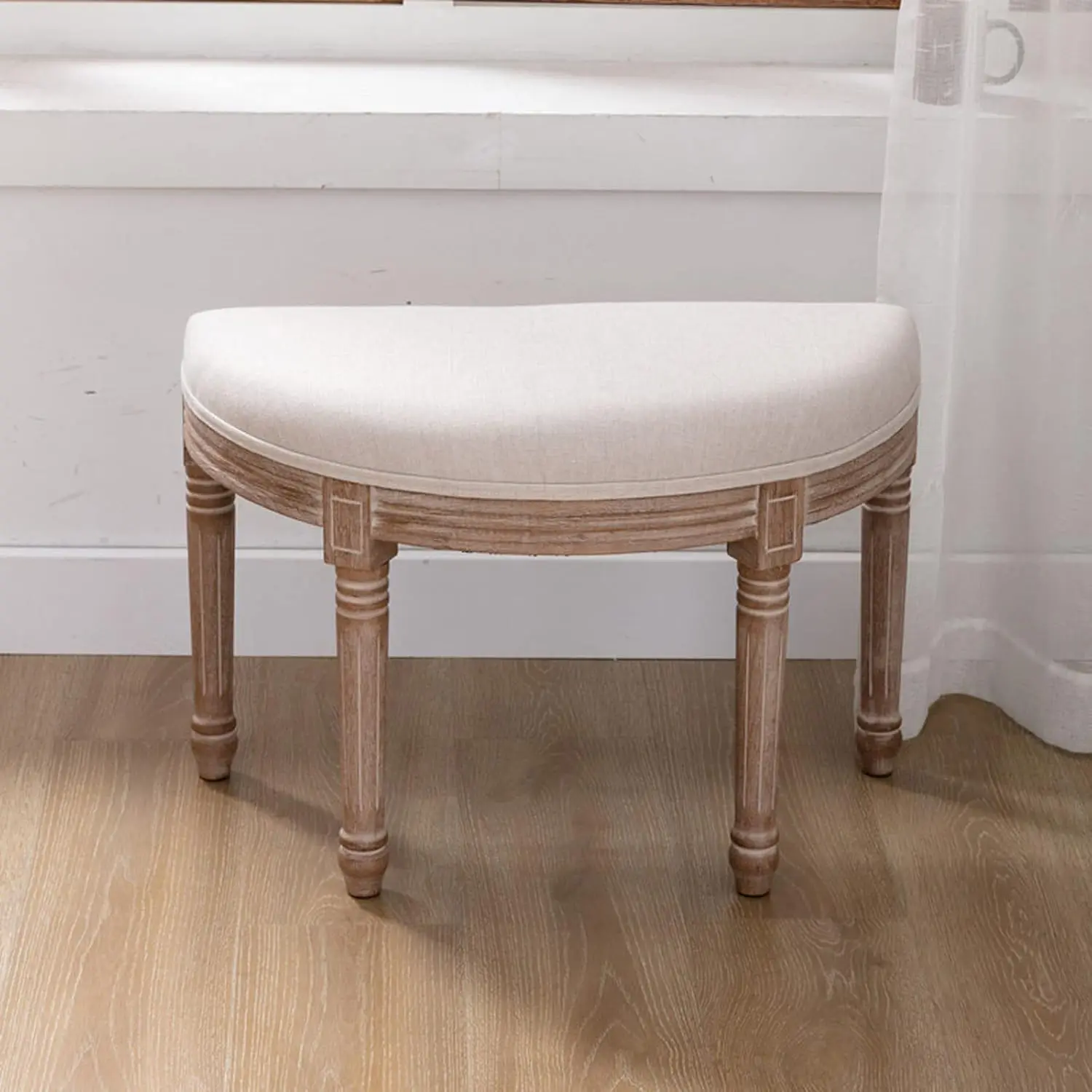 

Moon French Vintage Bench with Padded Seat & Rubberwood Legs, 27 Upholstered Entryway Bench & Dining Bench, Tufted Fabric E