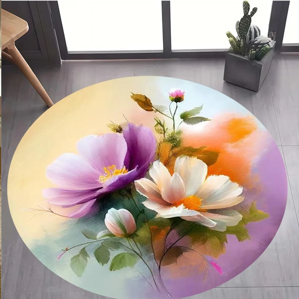 Soft Oil Painting Purple White Flower Round Rug  Watercolor Floral Circular Mat Non Slip Floor Carpet Bedroom Vanity Decor