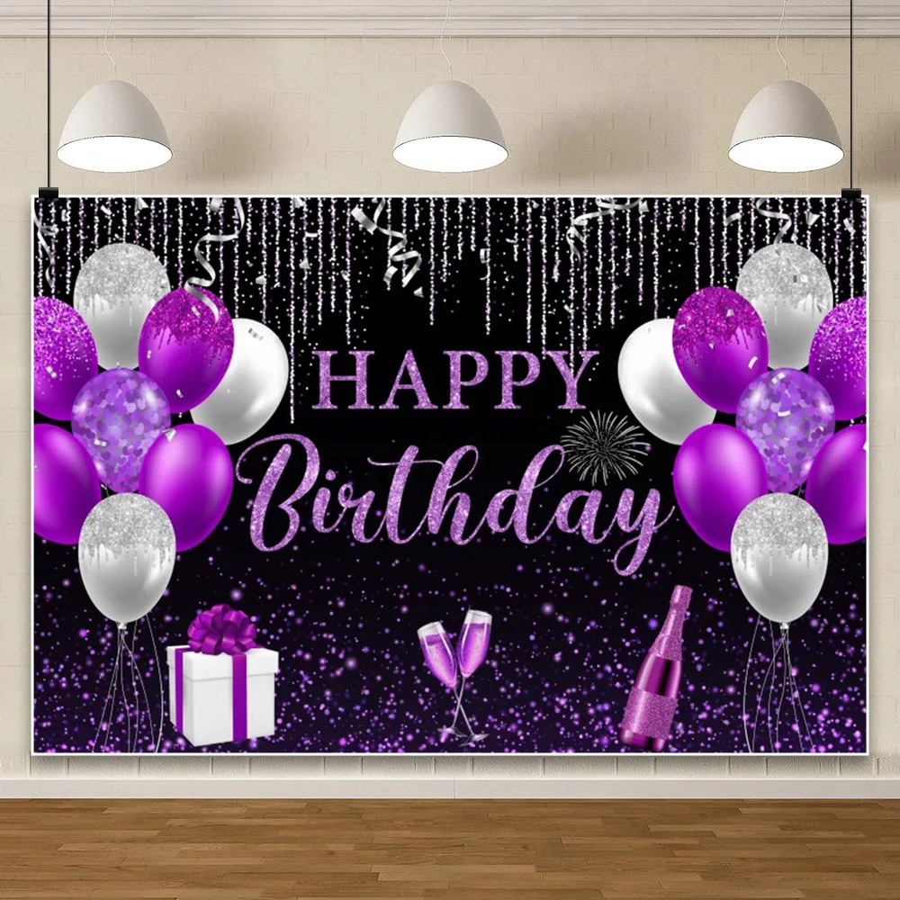 풍선 반짝이 생일 배경 보라색 핑크 소녀 생일 파티 사진 존 장식 배너, 사용자 정의 배경 포스터 사진 소품