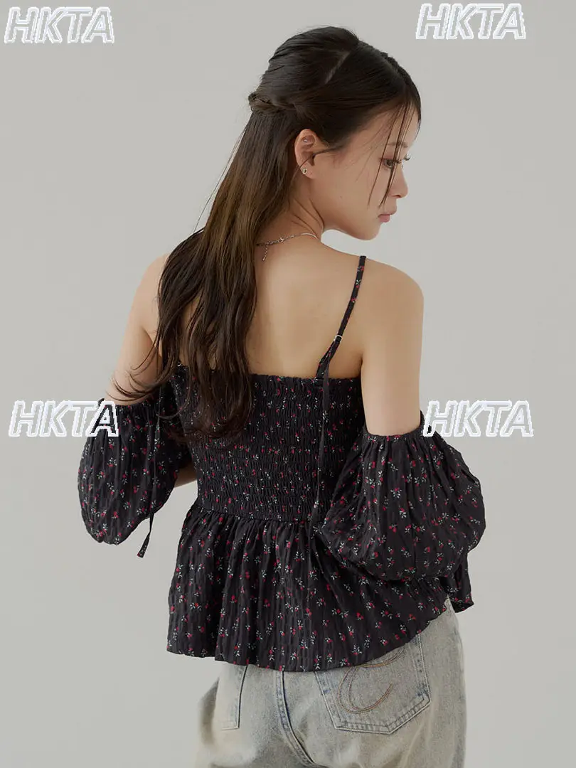 Japanese Summer Sweet Cute Lolita Pleated Floral Ruffle Edge Suspender Detachable Bubble Short Sleeve Slim Black Short Top Women