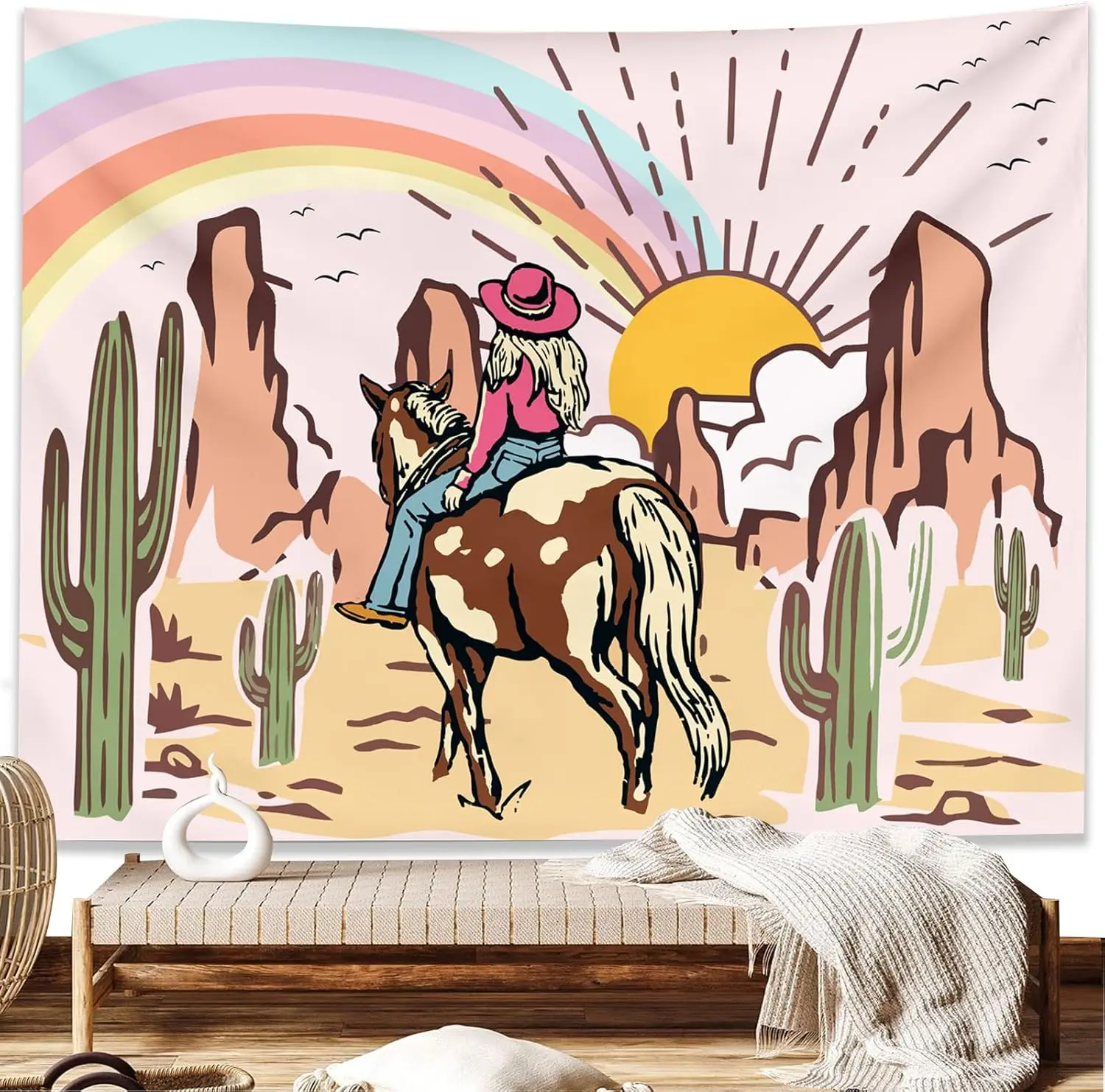 Cowgirl on Horse Tapestry - Desert Landscape, Rainbow Sunset, Western Wall Art, Bedroom Living Room Decor, Multiple Sizes