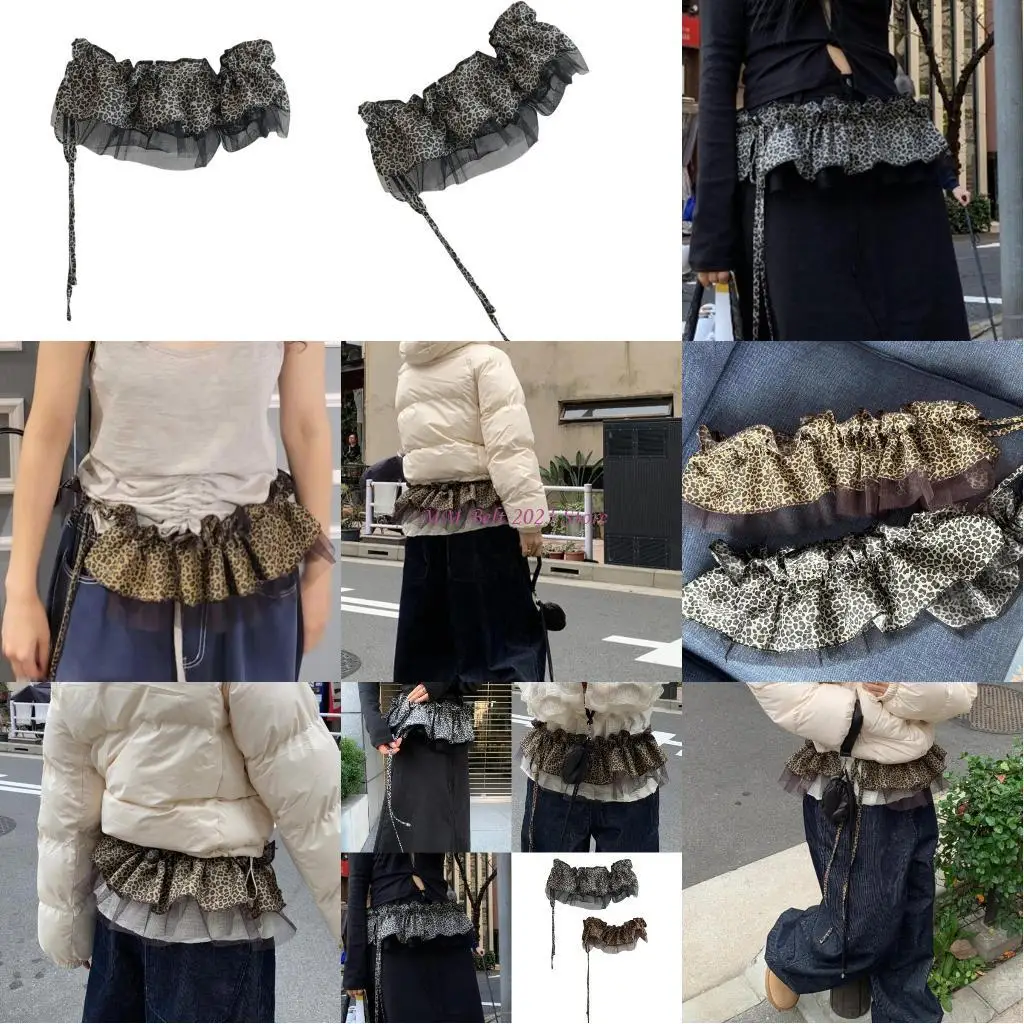 

49ME Leopard Print Layered Ruffle Mesh Mini Apron Wrap Skirt for Women Drawstring Tie Waist Decorative Half Skirt Waistband