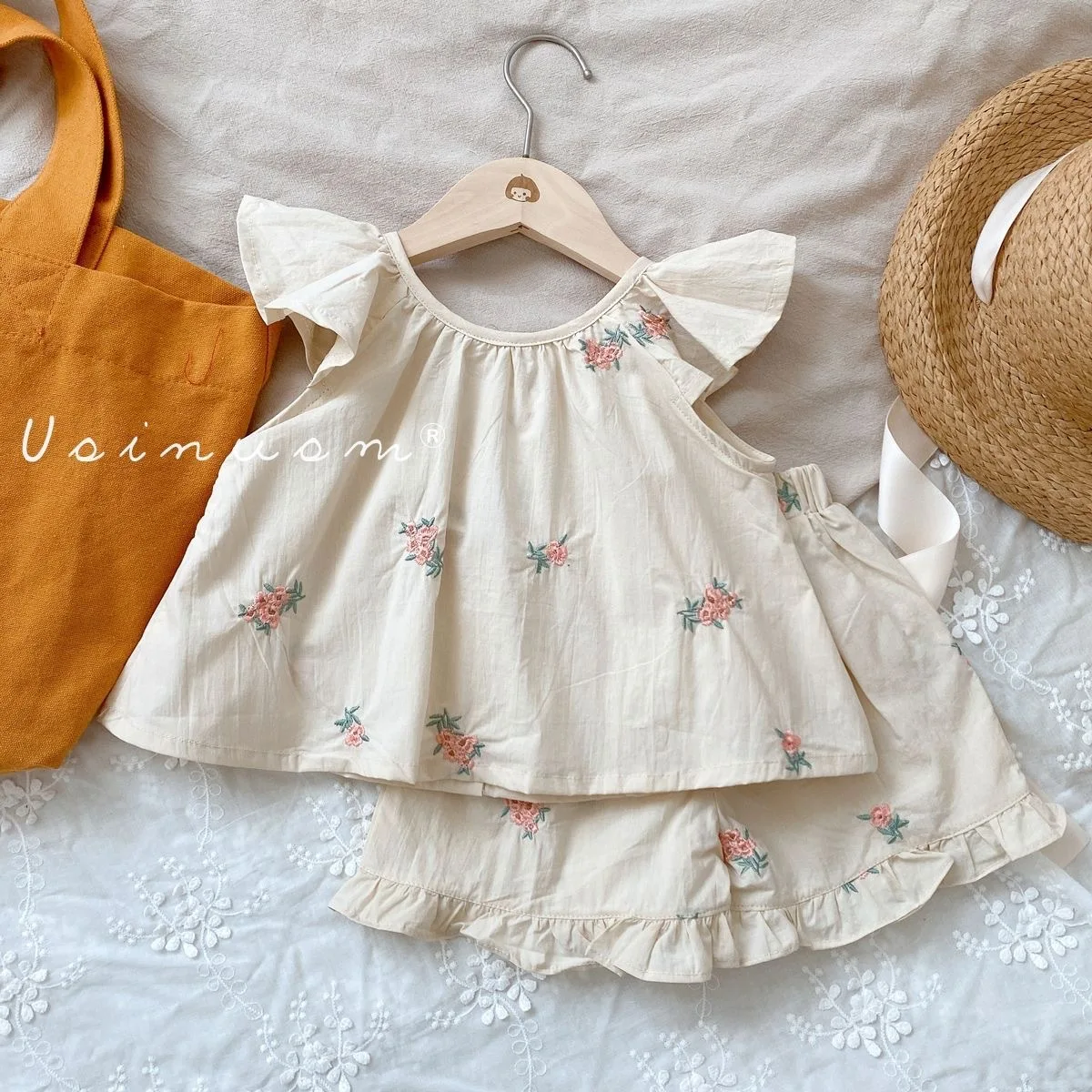 2026 New Korean Embroidered Baby Girl Summer Suit 0-5 Year Old Girl Cute Suit Flying Sleeve Top + Short Baby Girl Clothes