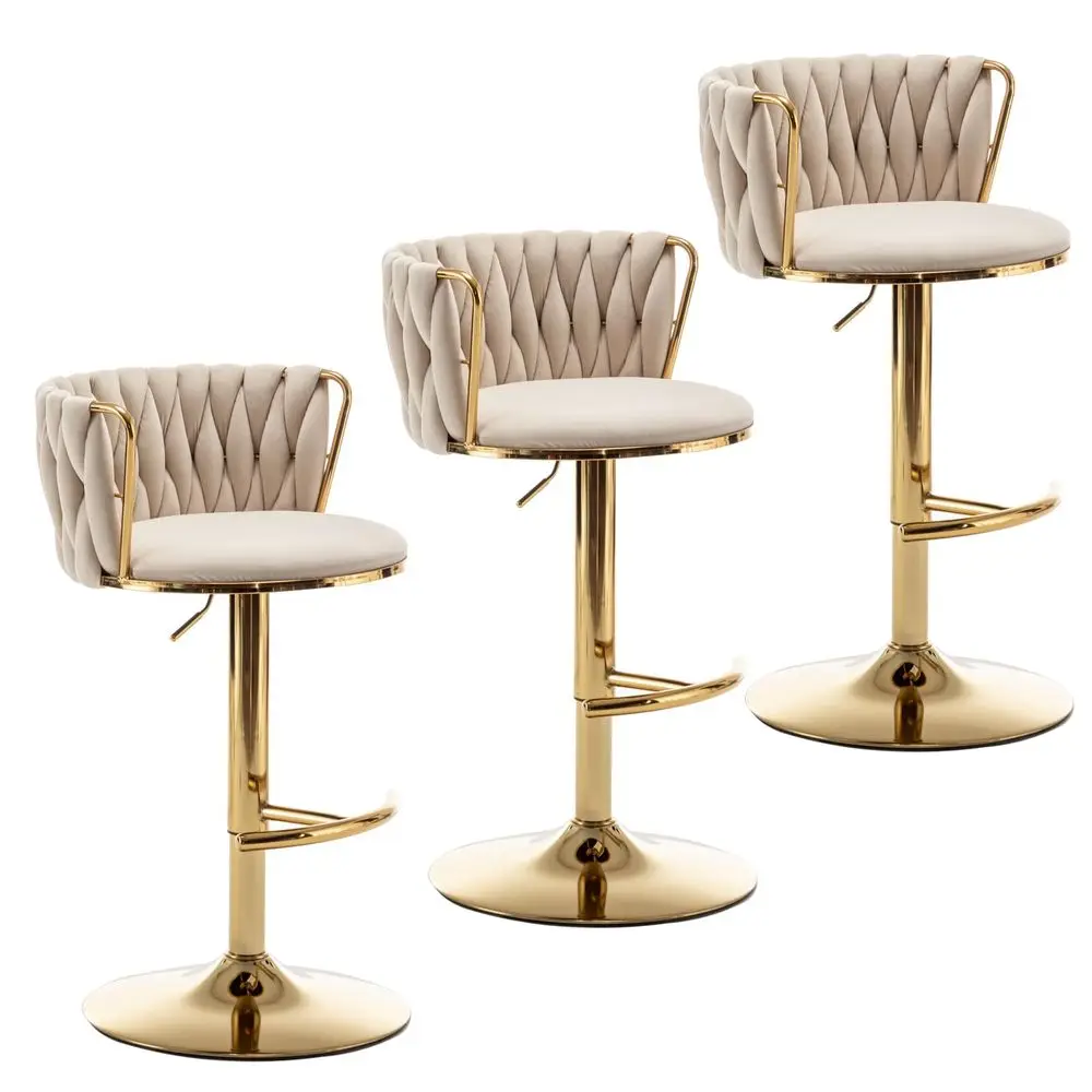 Gold Velvet Bar Stools Set of 3, Swivel Counter Height Bar Stools with Back, Adjustable Woven Barstools for Kitchen Island, Pub