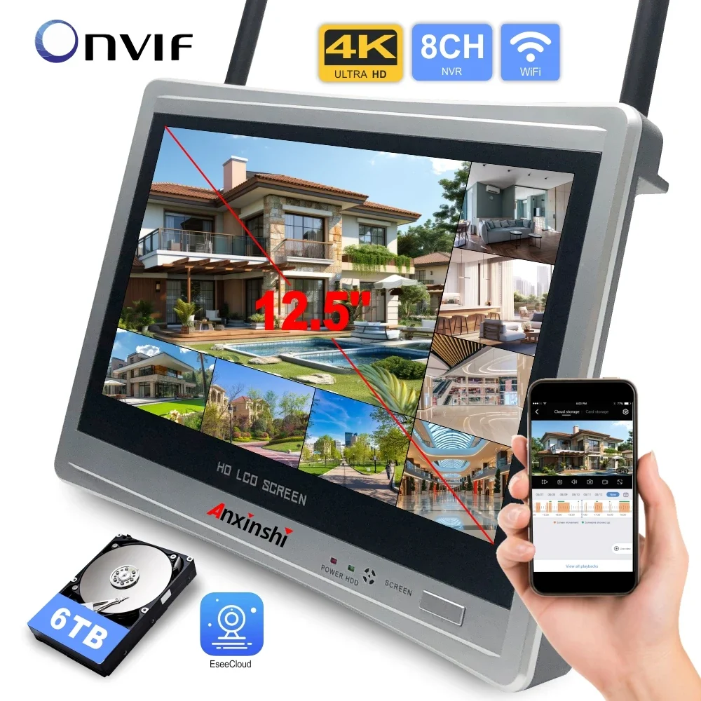 Eseecloud 4k 8CH WIFI 12.5 นิ้วและเครื่องบันทึก Two Way Audio APP Alarm 2.4GHZ Wifi NVR