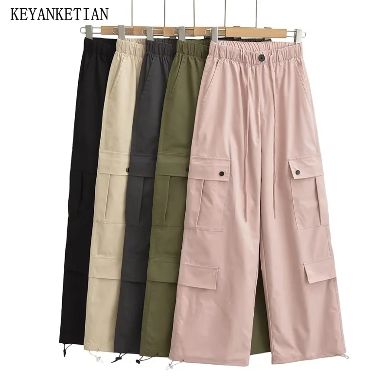 

KEYANKETIAN Women Pocket Decorated Overalls American Street Style Elastic High Waist Solid Color Loose Straight Pants Adjustable