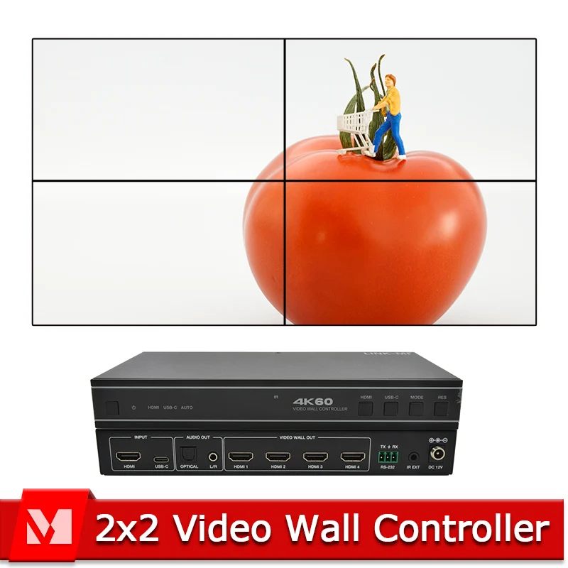 

1X4 HDMI Video Wall Controller Support USB-C input, Audio, RS232 Support optical audio and L/R analog audio de-embedding output