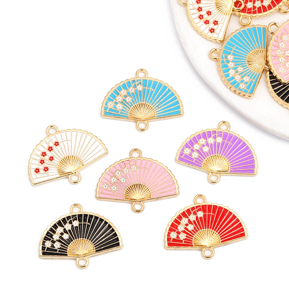 Mixed 10pcs Enamel Fan Charms Sakura Pattern Connector For DIY Bracelet Key Chain Jewelry Making Supplies Decorative Wholesale