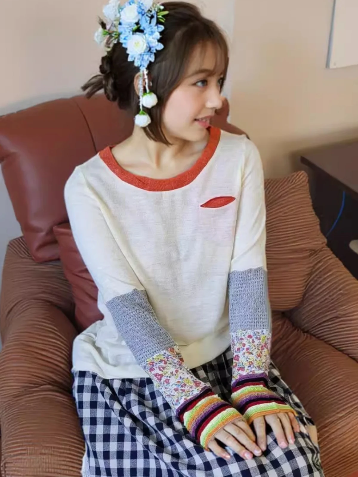 

Cute Sle Patchwork Sve Base irt Girl's T-irt Forest System Retro Girl Long Sve Cotton round Ne Regular Fit T-irt