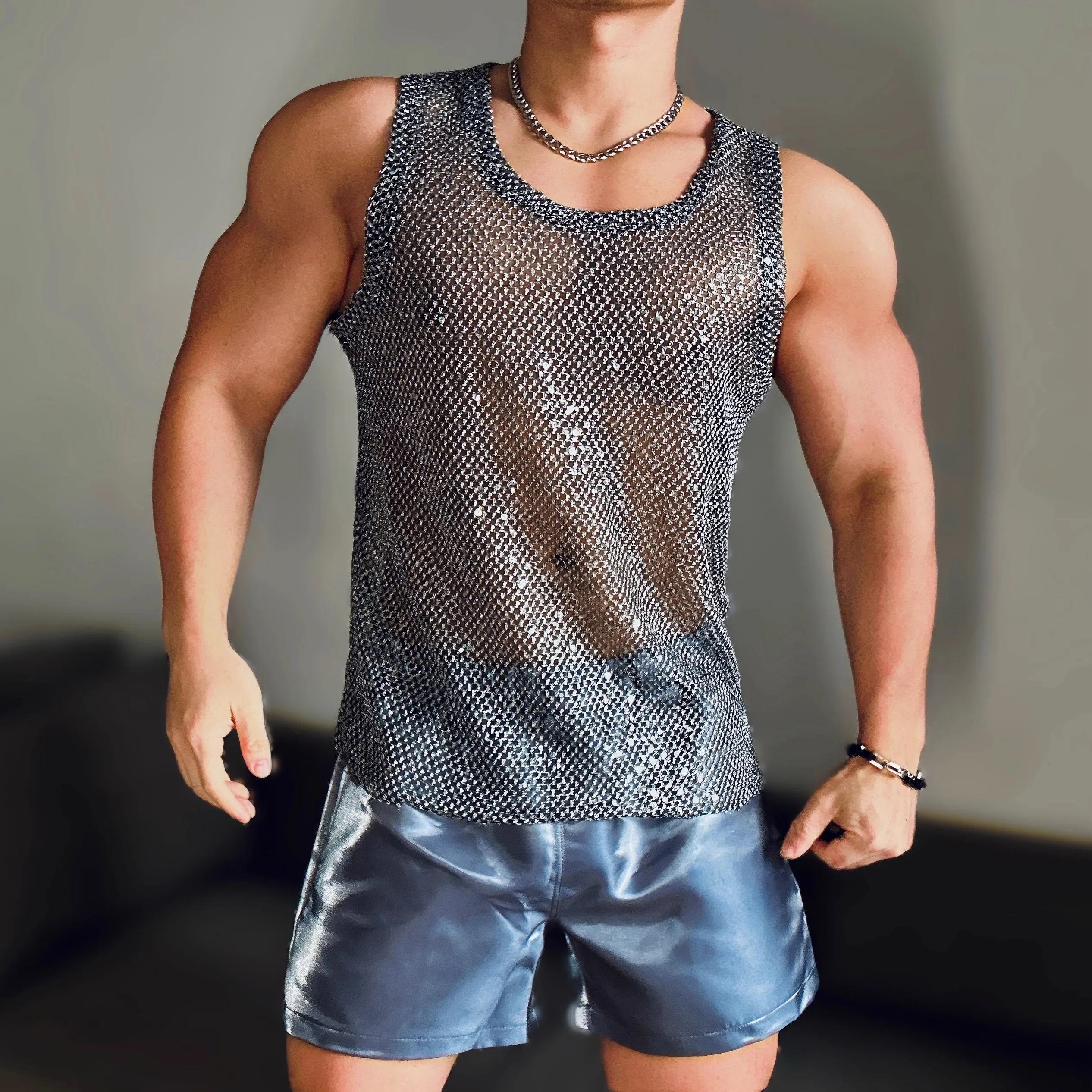 Colorful Silver Shiny Hollow Mesh Sleeveless T-shirt Men's Vest Sexy Summer Autumn Bar Nightclub Singer DJ Dance Stage Clothing