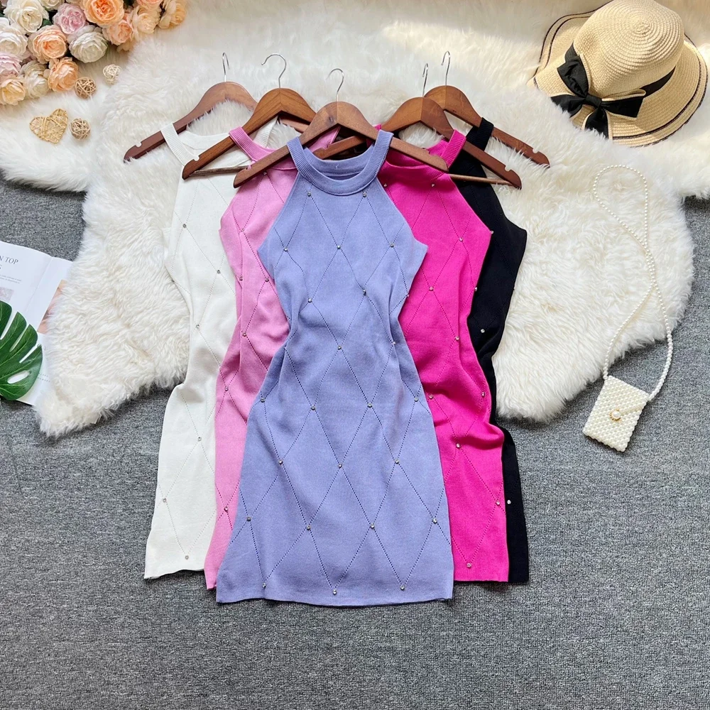 Summer New Hot Sexy Package Hips Knitted Dress Women Fashion Y2K Diamonds Bodycon Dress Streetwear Lady Outfits