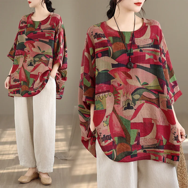 

Women T Shirts Tops Oversize Print Tees Round Neck Batwing Three Quarter Sleeves Slight Strech Loose Fit Streetwear 2026 Spring