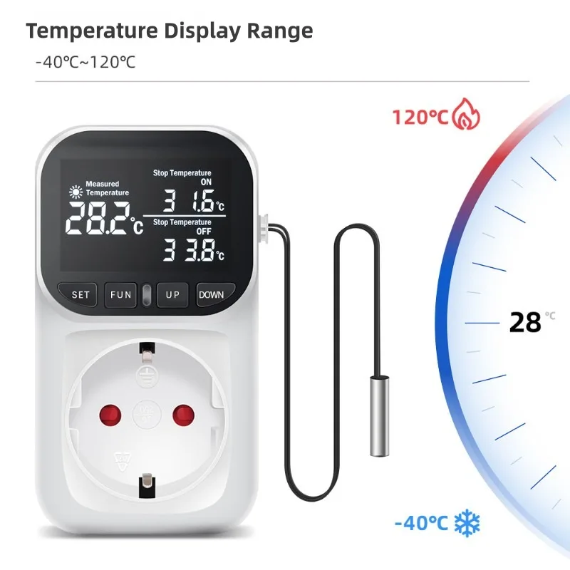 Controlador de temperatura Digital, termostato de enchufe, enchufe europeo de 220V con interruptor de temporizador, calefacción y refrigeración para frigorífico y acuicultura