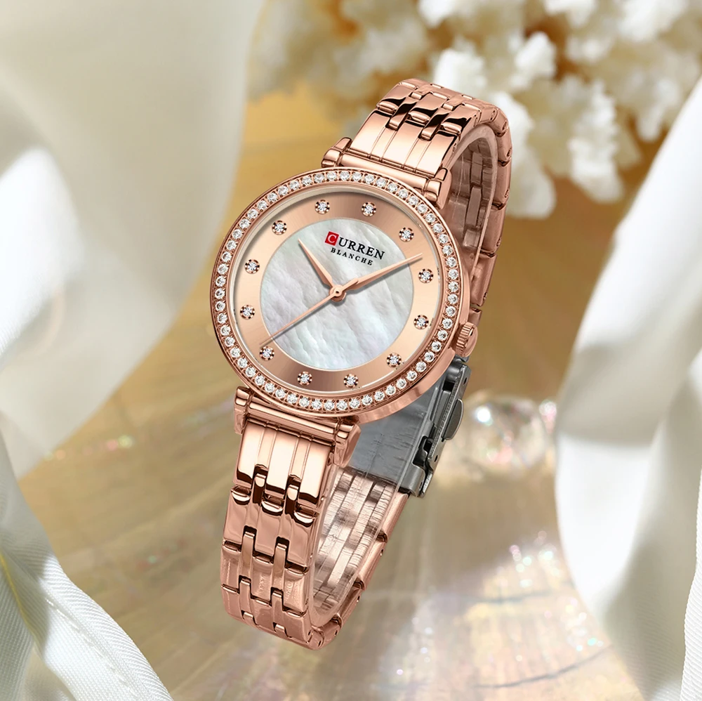 CURREN Elegant Thin Quartz Charming Wristwatches for Women Stainless Steel Band with Shell Dial Shiny Rhinetone Watches