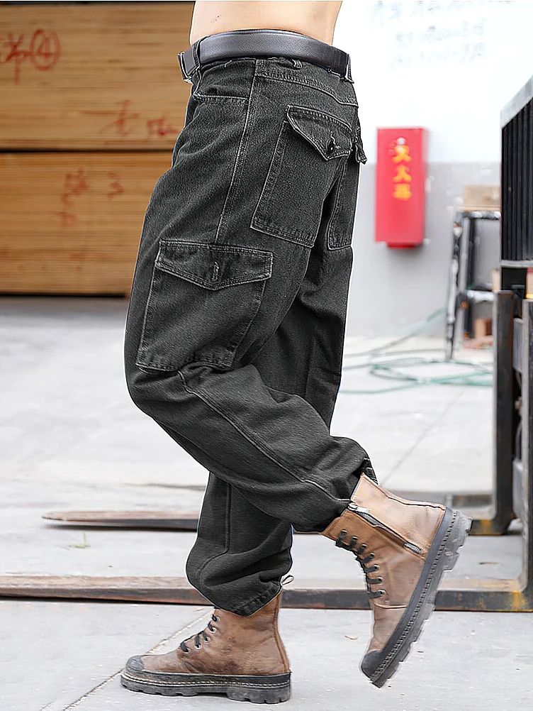 Cotton Work Wear Straight Jeans Cargo Pants Men Baggy Thick Durable Outdoor Tactical Denim Long Trousers 2023 New