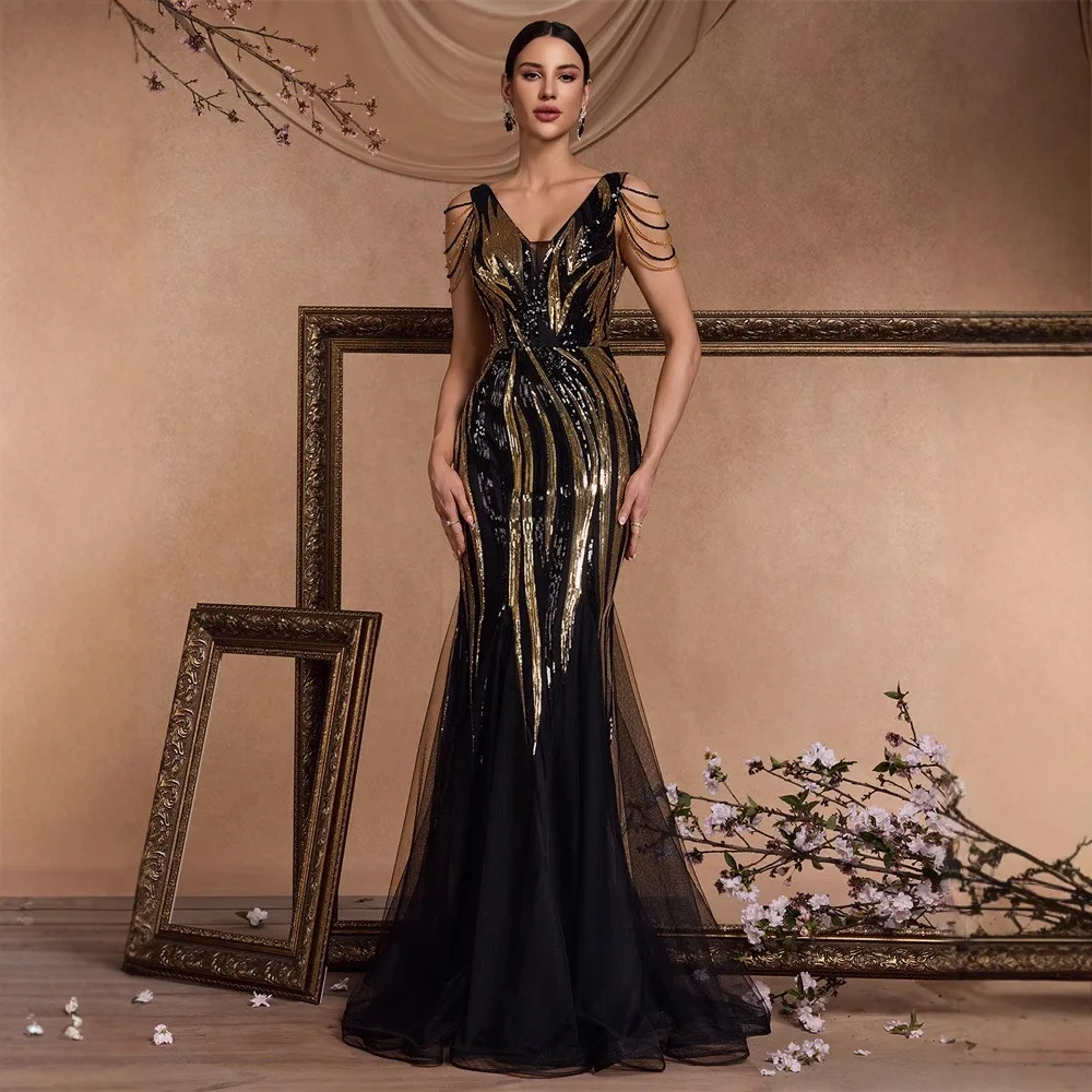 

Black Gold Linear Sequin Mermaid Maxi Dress Deep V Chain Tassel Strap Sheer Tulle Train Red Carpet Evening Gown