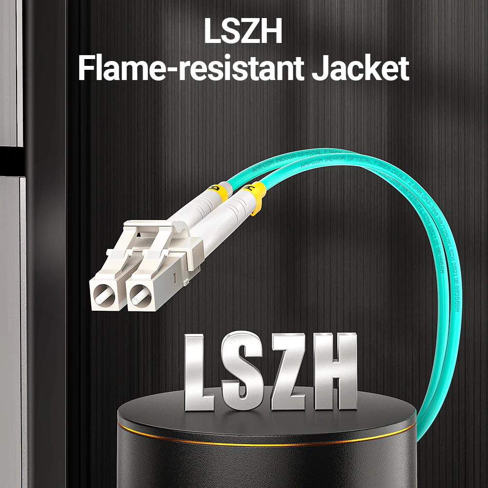 AMPCOM LC إلى FC UPC OM3 كابل تصحيح الألياف الضوئية متعدد الأوضاع دوبلكس، 50/125μm، OD 2.0 مم، LSZH OFNR، 1-100 متر