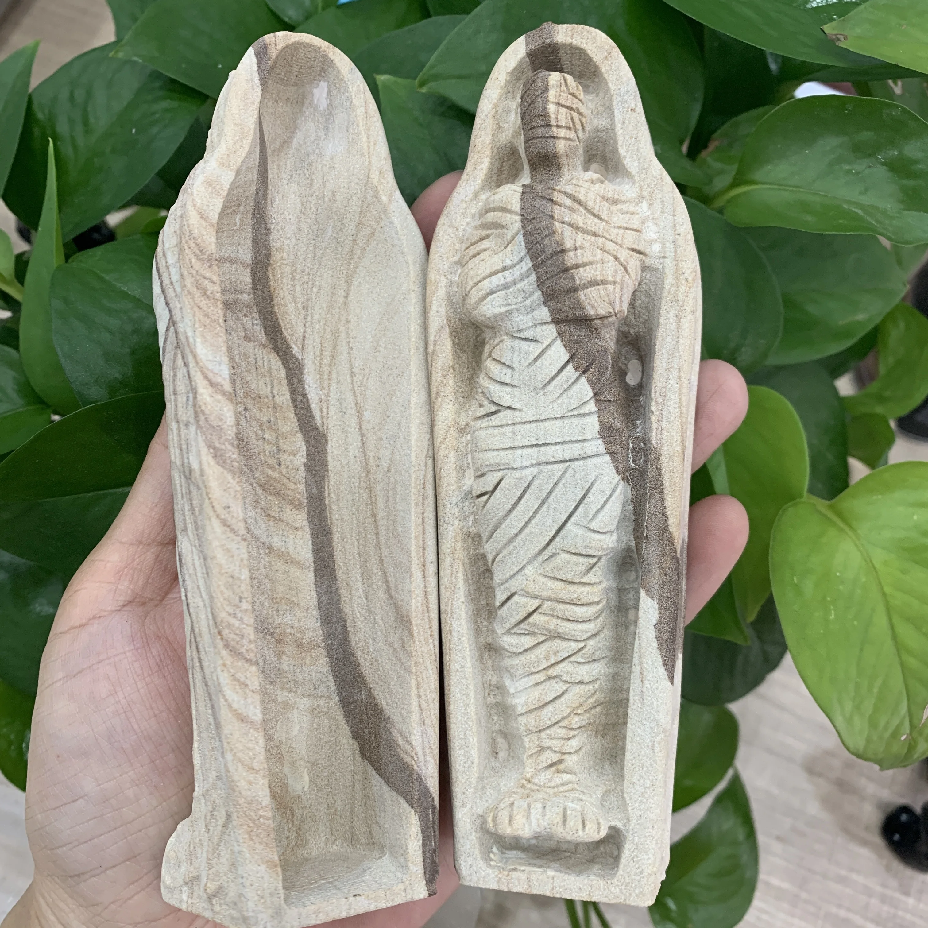 Natural Wood grain stone carved Mummy figure statue