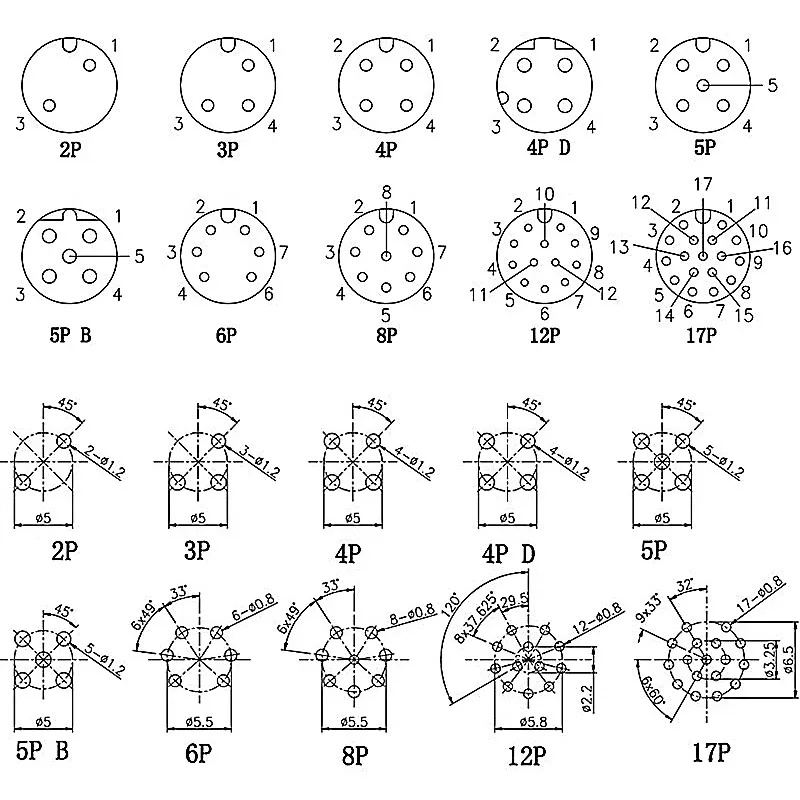 M12 Front Panel/Back Panel Aviation Socket 2 3 4 5 6 8 12 17 Pin Male Female 16mm Soldering Sensor PG9 PCB Plug-in Type Plug