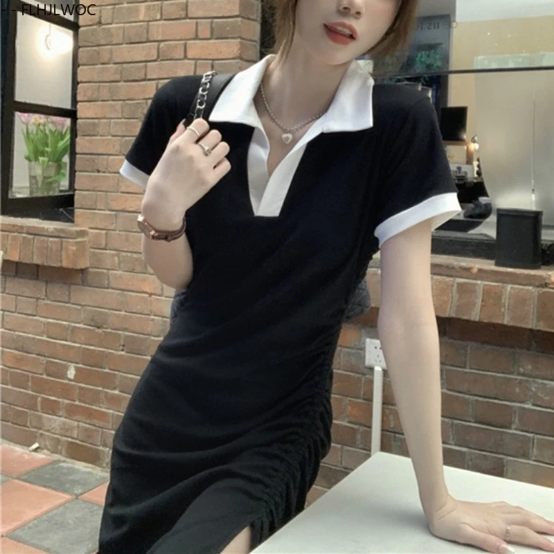 Abiti in cotone arricciato Estate Ragazze carine Donne Chic Corea Giappone Stile Casual Manica corta Colletto polo bianco Abito t-shirt