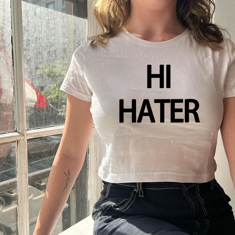 Hi Hater Letter Print Women Harajuku Crop Top Casual Y2k Goth Fashion Tees 2024 New Summer Vintage High Street Oversized T-shirt