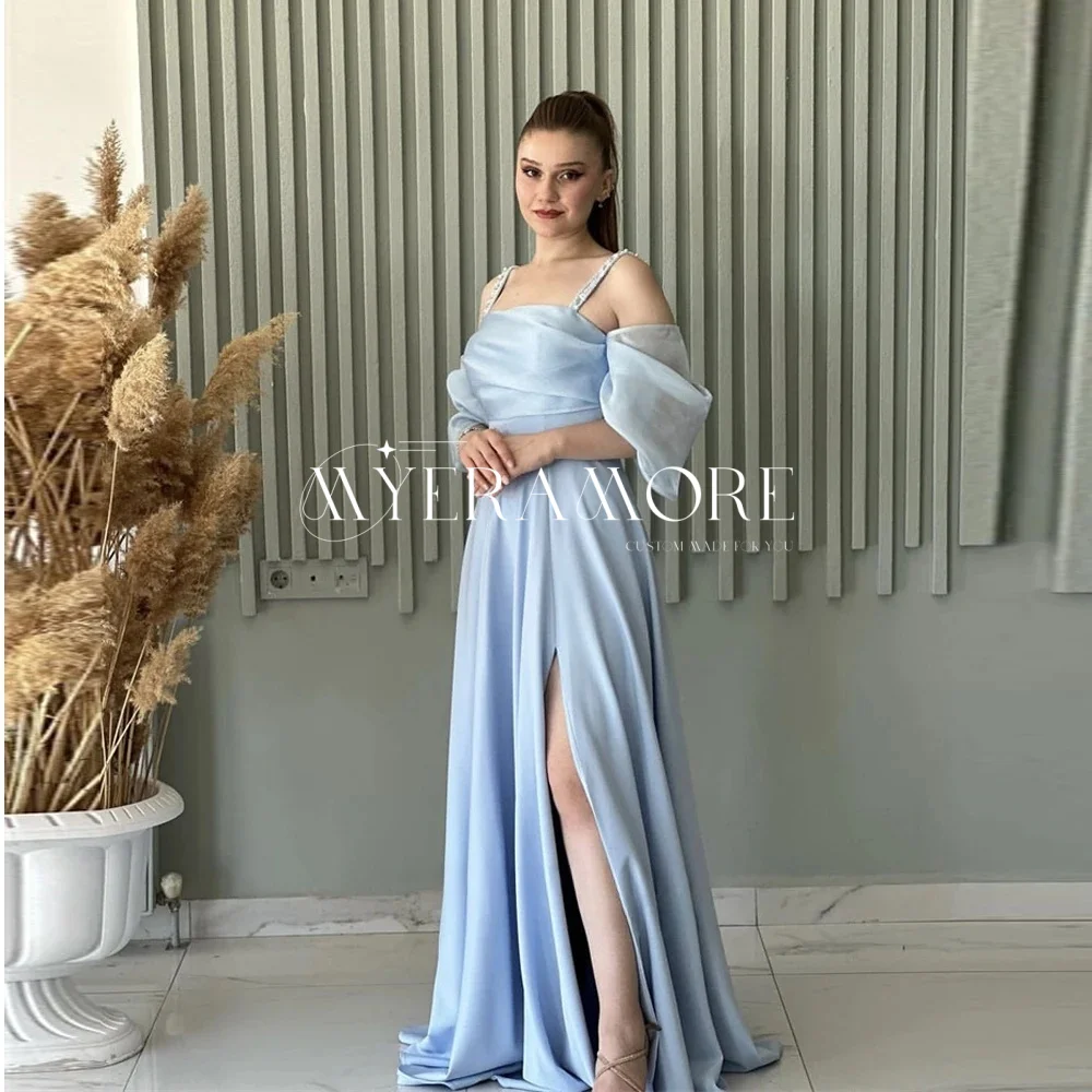 

Simple Light Blue Satin Prom Dresses A Line Cold Shoulder Beads Straps with Slit Short Sleeves Formal Evening Dress Customized