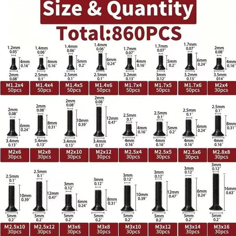 250/860-Pieces Small Precision Computer Screw Kit – Black Micro Eyeglass Screws in M1.2-3 Multi-Sizes for Electronics Repairs
