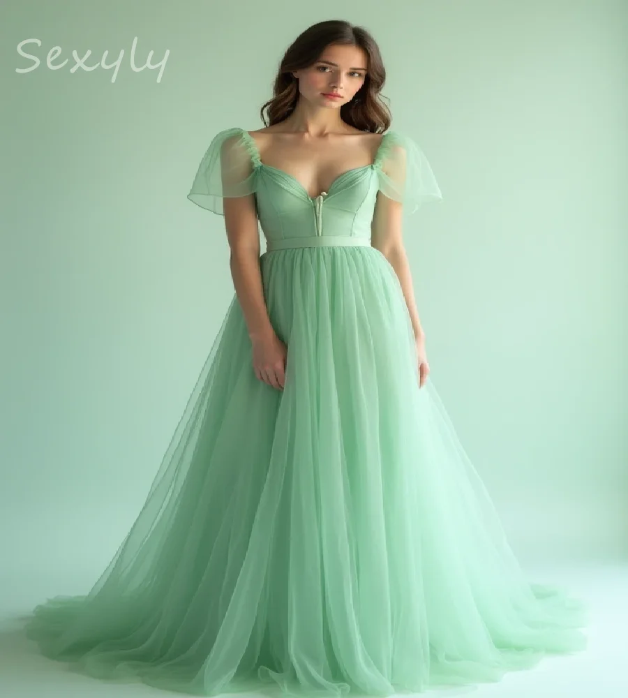 

Minimalist Mint Green Prom Dress 2025 Cap Sleeves Tulle Floor Length Evening Dress Elegant Dinner Party Gown Maxi Customized