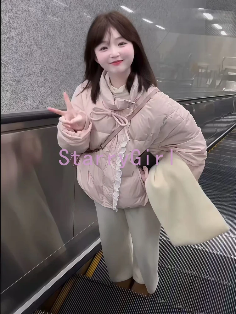 اليابانية الحلو الدافئة الوقوف طوق معطف الوردي المرأة الجديدة الدانتيل خياطة تصميم Kawaii القطن وسادة مبطنة موضة جديدة الملابس ضئيلة #3