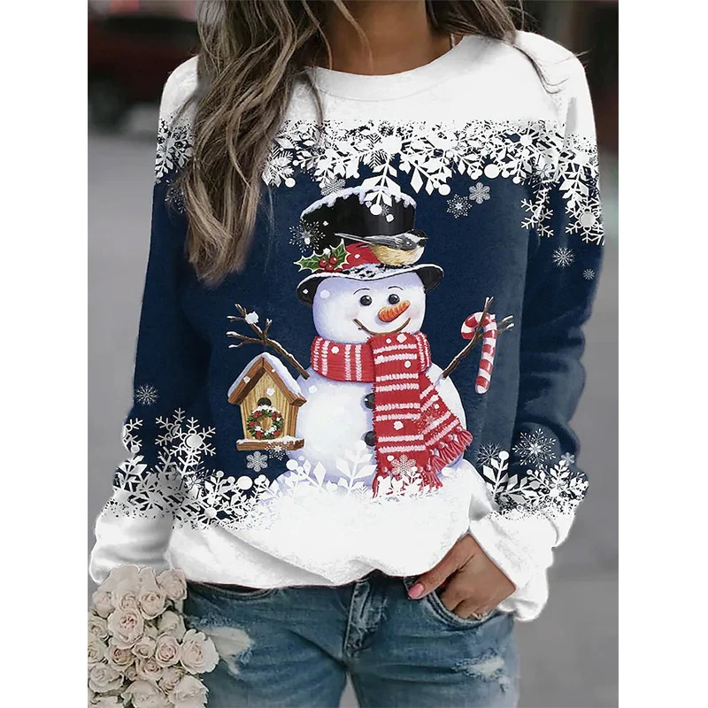 Festival Fashion Clothing Women\'s Christmas 3D Print Snowman Sweatshirts Autumn Winter Long Sleeve Slim Outfits Female Elegant