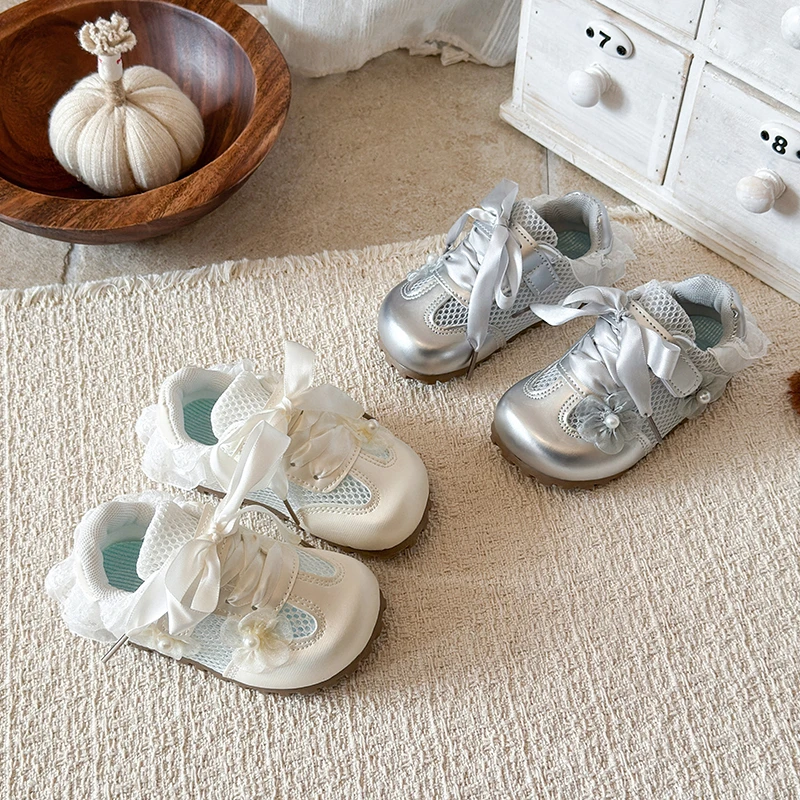 

Детские кроссовки для девочек с сетчатым верхом, кружевом, бантом и жемчужным декором, дышащие, с мягкой подошвой, нескользящие, повседневные туфли для принцесс, летние спортивные туфли для детей