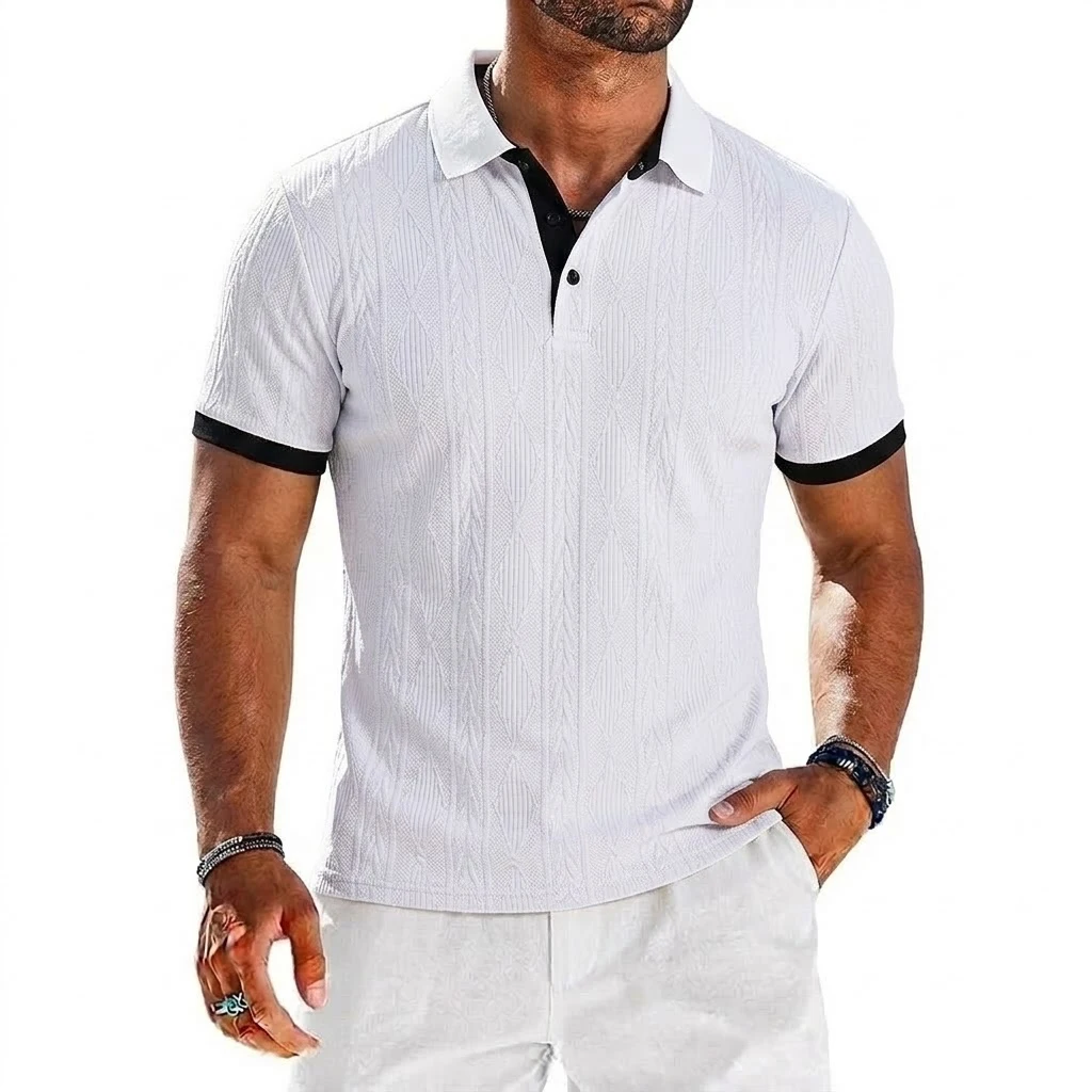 Mens Casual Knit Polo Shirts Stretchy Textured Short Sleeve Dress Golf Shirts Summer Beach Casual T-shirts Button Streetwear