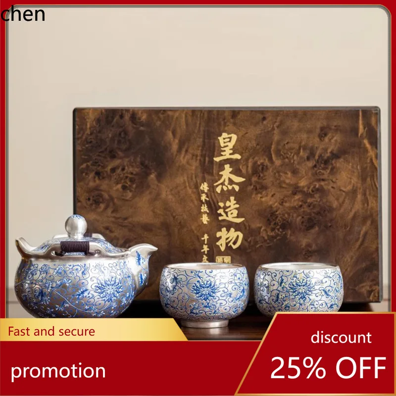 

H1silver painting blue and white lotus with silver gilt one pot two cups gift box high-end kung fu tea set hand grabbed pot suit